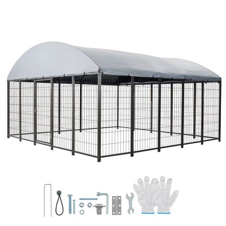 Outdoor Dog Kennel, 9.8 x 9.8 x 5.4 ft Large Dog Kennel with Secure Lock, Outside Dogs Enclosures with UV-Resistant & Waterproof Roof Cover, Heavy Duty Pet Crate Cage Run for Large Dogs