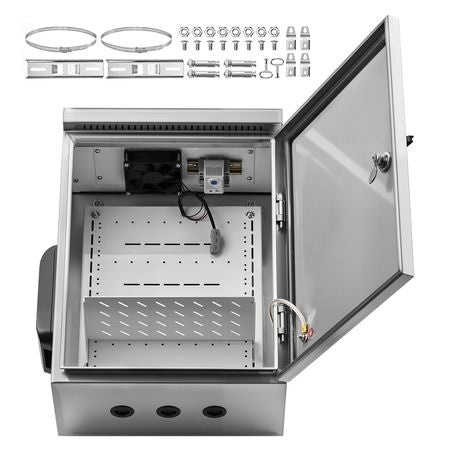 Outdoor Electrical Box, 20 x 16 x 8 in, Stainless Steel Ventilated Electrical Enclosure with Thermostat and Fan, Rain Hood, Hinge Connection, IP65 Waterproof Junction Box, Wall/Pole Mounted,