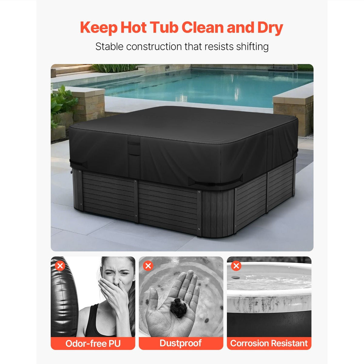 Outdoor Hot Tub Cover, 90 x 90 x 20 Inch Weatherproof and Waterproof Hot Tub Cover Protector, 600D Heavy Duty Oxford Fabric and 950N Tearing Strength, Square Spa Covers for Hottub, Black
