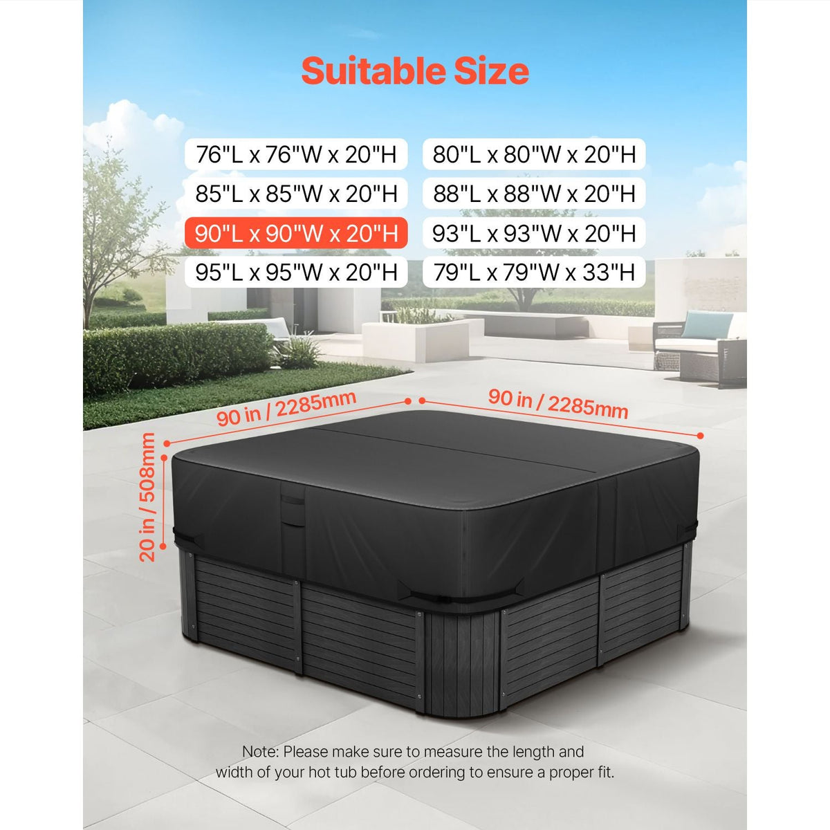 Outdoor Hot Tub Cover, 90 x 90 x 20 Inch Weatherproof and Waterproof Hot Tub Cover Protector, 600D Heavy Duty Oxford Fabric and 950N Tearing Strength, Square Spa Covers for Hottub, Black