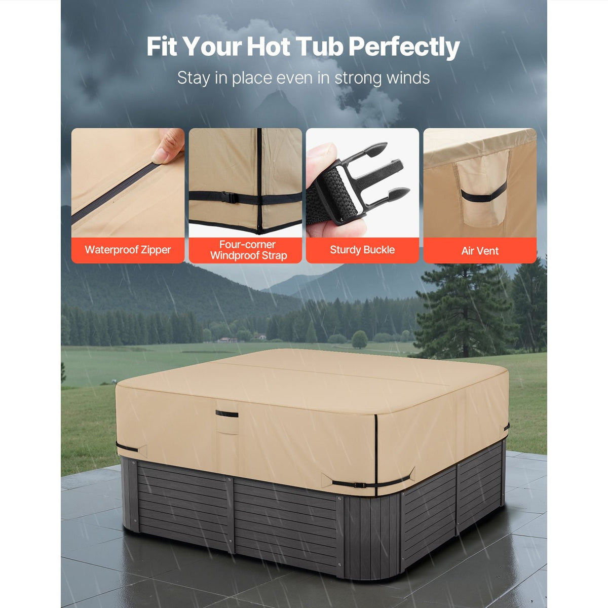 Outdoor Hot Tub Cover, 90 x 90 x 20 Inch Weatherproof and Waterproof Hot Tub Cover Protector, 600D Heavy Duty Oxford Fabric and 950N Tearing Strength, Square Spa Covers for Hottub, Brown