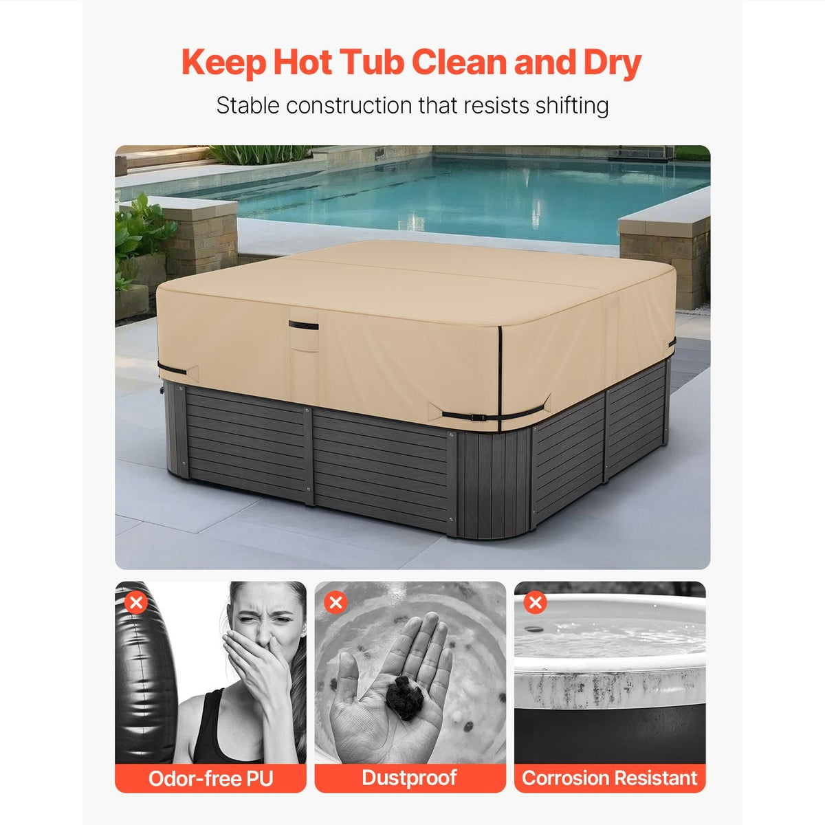 Outdoor Hot Tub Cover, 90 x 90 x 20 Inch Weatherproof and Waterproof Hot Tub Cover Protector, 600D Heavy Duty Oxford Fabric and 950N Tearing Strength, Square Spa Covers for Hottub, Brown