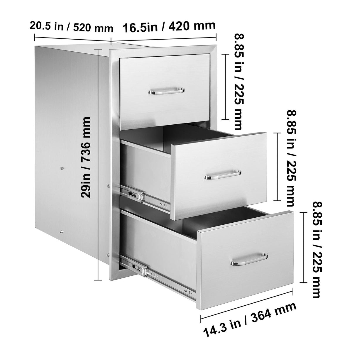 Outdoor Kitchen Drawers, 16.5"W x 29"H x 20.5"D Triple Access Drawers, Stainless Steel Flush Mount Cabinets, BBQ Island Drawers Storage with Paper Towel Holder & Handle, for Patio Grill Station