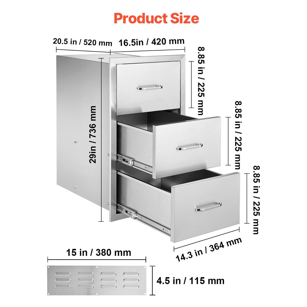 Outdoor Kitchen Drawers, 16.5"W x 29"H x 20.5"D Triple Access Drawers, Stainless Steel Flush Mount Cabinets, BBQ Island Drawers Storage with Paper Towel Holder & Handle, for Patio Grill Station