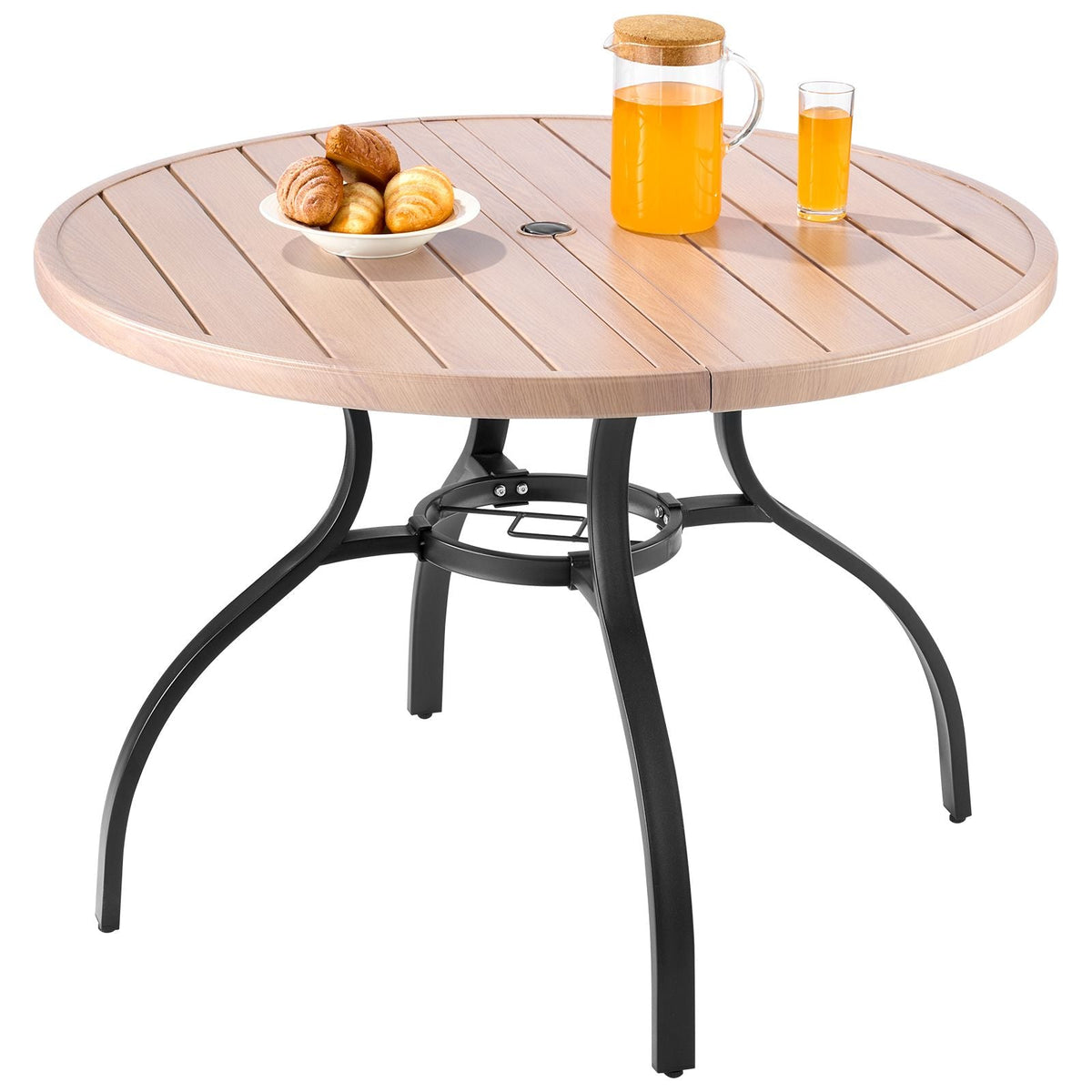Outdoor Patio Dining Table, 41 inch Round Wood-Like Steel Slat Backyard Bistro Coffee Tables for 4, with 1.5 in Umbrella Hole, Outside All-Weather Large Furniture for Lawn Garden Porch, Gray