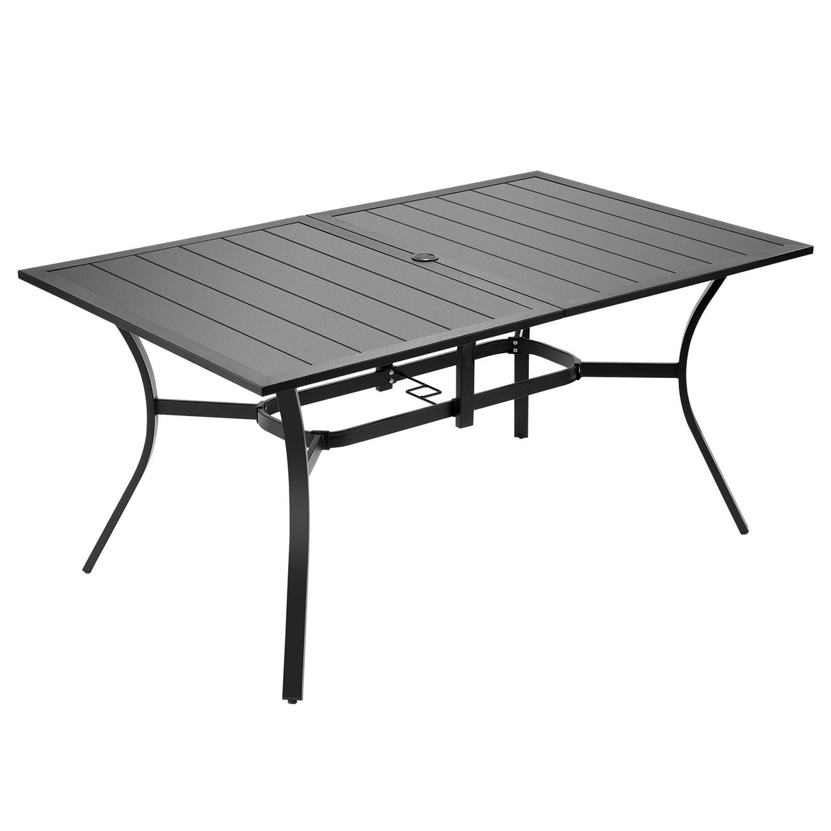 Outdoor Patio Dining Table, 59 inch Long Rectangular Metal Steel Slat Backyard Bistro Tables for 4-6, with 1.5 in Umbrella Hole, All-Weather Large Furniture for Lawn Garden Porch, Black