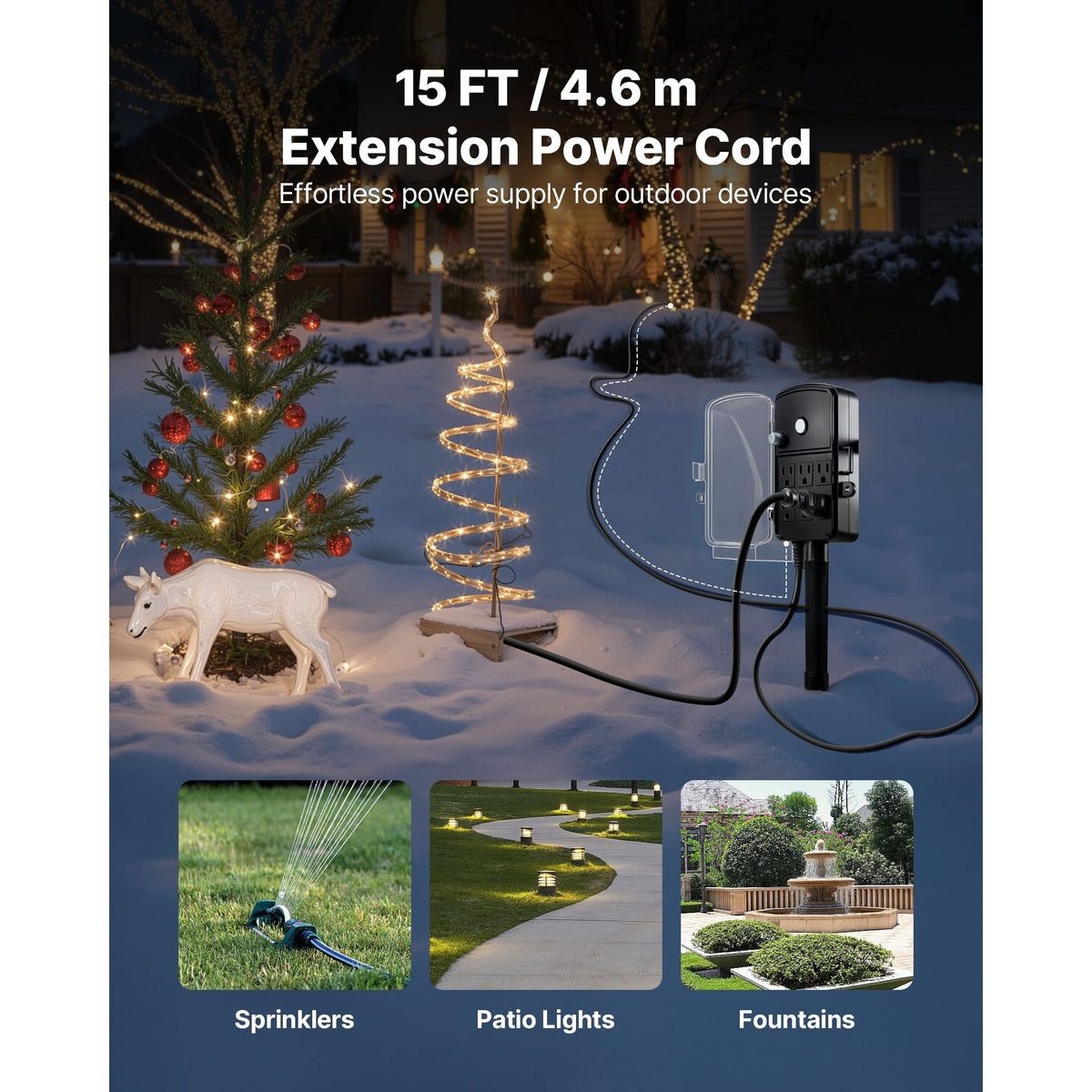 Outdoor Power Stake, 15 FT Extension Cord, Outdoor Power Strip Weatherproof with Cover and Overload Protection, 6 Outlets, 15A/1875W, Waterproof Multi-Outlet Yard Stake for Christmas Lights