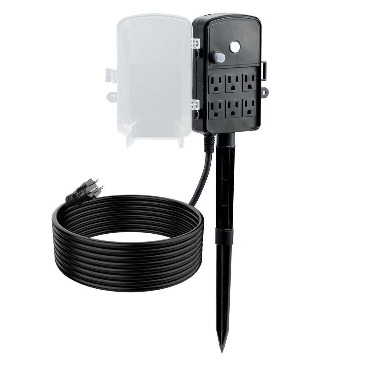 Outdoor Power Stake, 15 FT Extension Cord, Outdoor Power Strip Weatherproof with Cover and Overload Protection, 6 Outlets, 15A/1875W, Waterproof Multi-Outlet Yard Stake for Christmas Lights