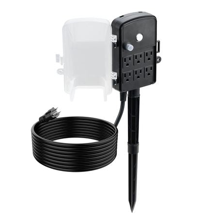 Outdoor Power Stake, 15 FT Extension Cord, Outdoor Power Strip Weatherproof with Cover and Overload Protection, 6 Outlets, 15A/1875W, Waterproof Multi-Outlet Yard Stake for Christmas Lights
