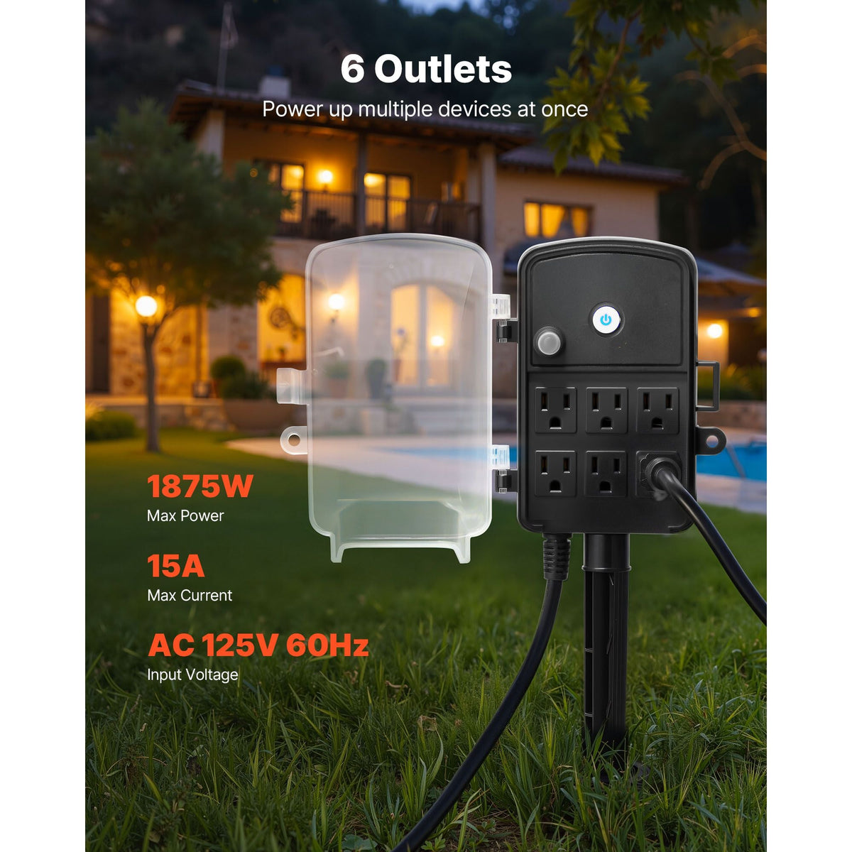 Outdoor Power Stake, 15 FT Extension Cord, Outdoor Power Strip Weatherproof with Cover and Overload Protection, 6 Outlets, 15A/1875W, Waterproof Multi-Outlet Yard Stake for Christmas Lights