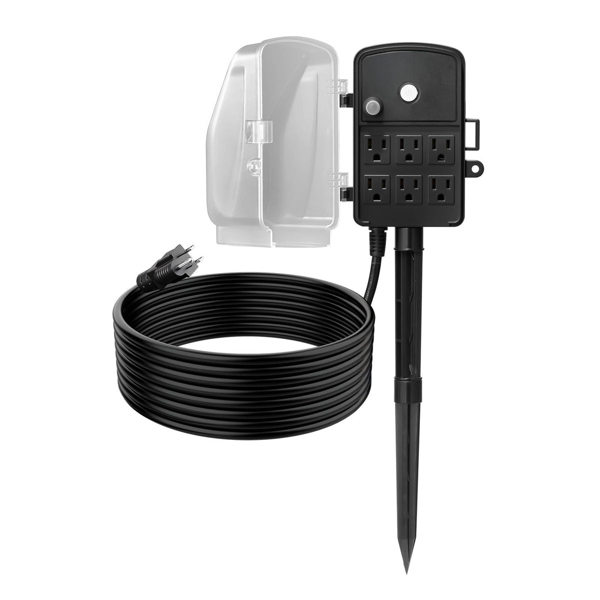 Outdoor Power Stake, 15 FT Extension Cord, Outdoor Power Strip Weatherproof with Cover and Overload Protection, 6 Outlets, 15A/1875W, Waterproof Multi-Outlet Yard Stake for Christmas Lights