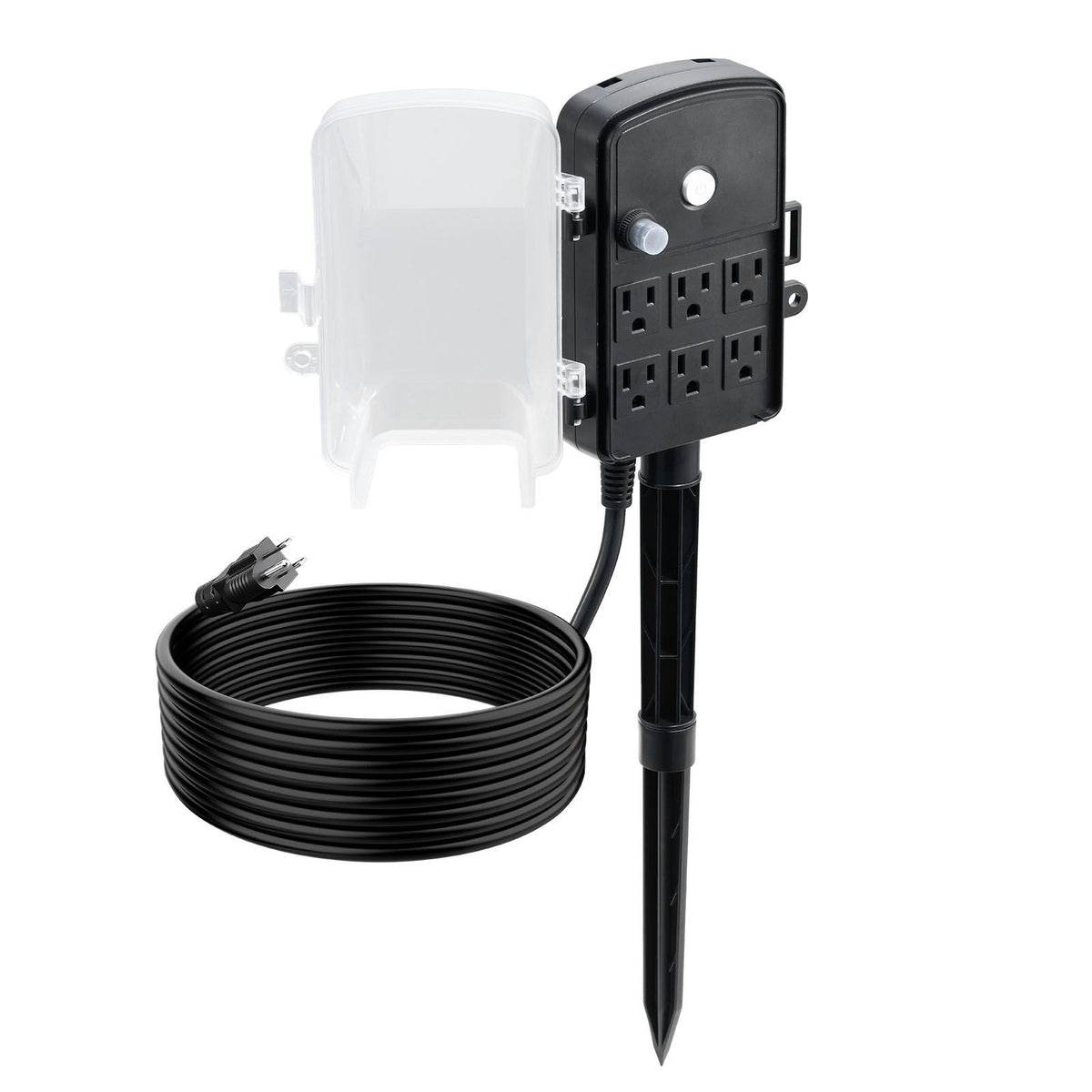 Outdoor Power Stake, 15 FT Extension Cord, Outdoor Power Strip Weatherproof with Cover and Overload Protection, 6 Outlets, 15A/1875W, Waterproof Multi-Outlet Yard Stake for Christmas Lights