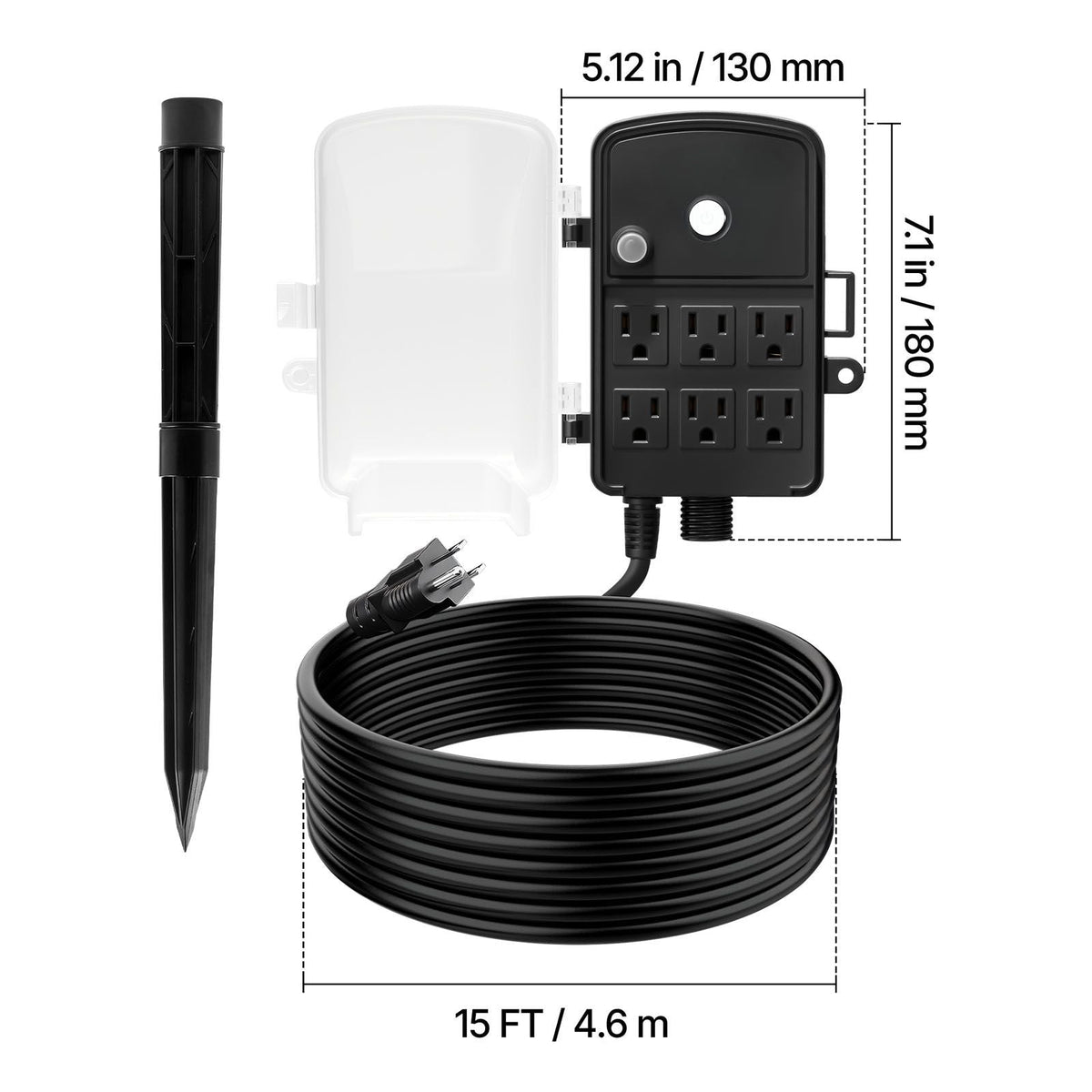 Outdoor Power Stake, 15 FT Extension Cord, Outdoor Power Strip Weatherproof with Cover and Overload Protection, 6 Outlets, 15A/1875W, Waterproof Multi-Outlet Yard Stake for Christmas Lights