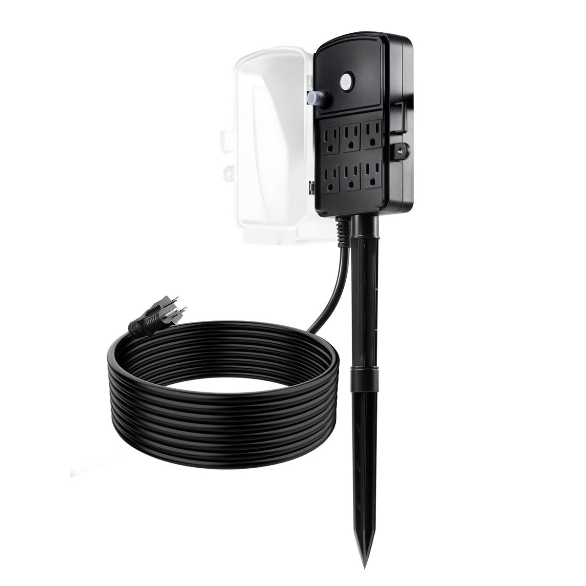 Outdoor Power Stake, 15 FT Extension Cord, Outdoor Power Strip Weatherproof with Cover and Overload Protection, 6 Outlets, 15A/1875W, Waterproof Multi-Outlet Yard Stake for Christmas Lights
