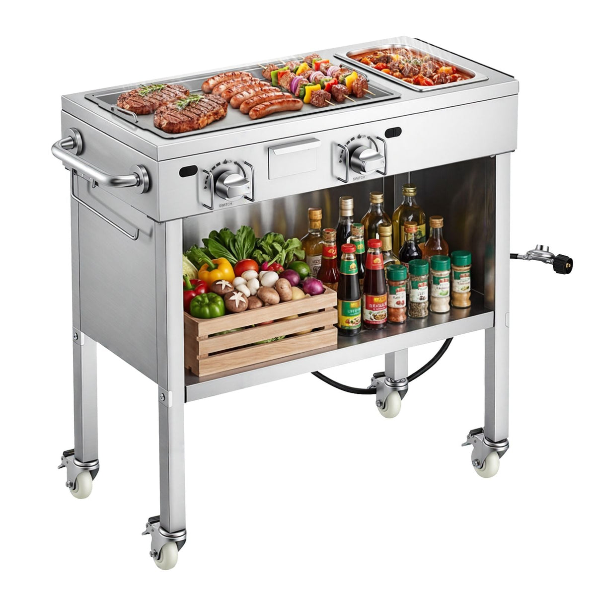 Outdoor Propane Griddle, 2 Burners (11,600 BTU Each), Commercial Stainless Steel Gas Griddle Cart with 4 Lockable Wheels, 1/3 Food Pan, Easy-Grip Side Handle, Ideal for Hot Dogs, Burgers & Meats