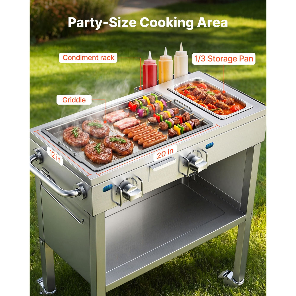 Outdoor Propane Griddle, 2 Burners (11,600 BTU Each), Commercial Stainless Steel Gas Griddle Cart with 4 Lockable Wheels, 1/3 Food Pan, Easy-Grip Side Handle, Ideal for Hot Dogs, Burgers & Meats