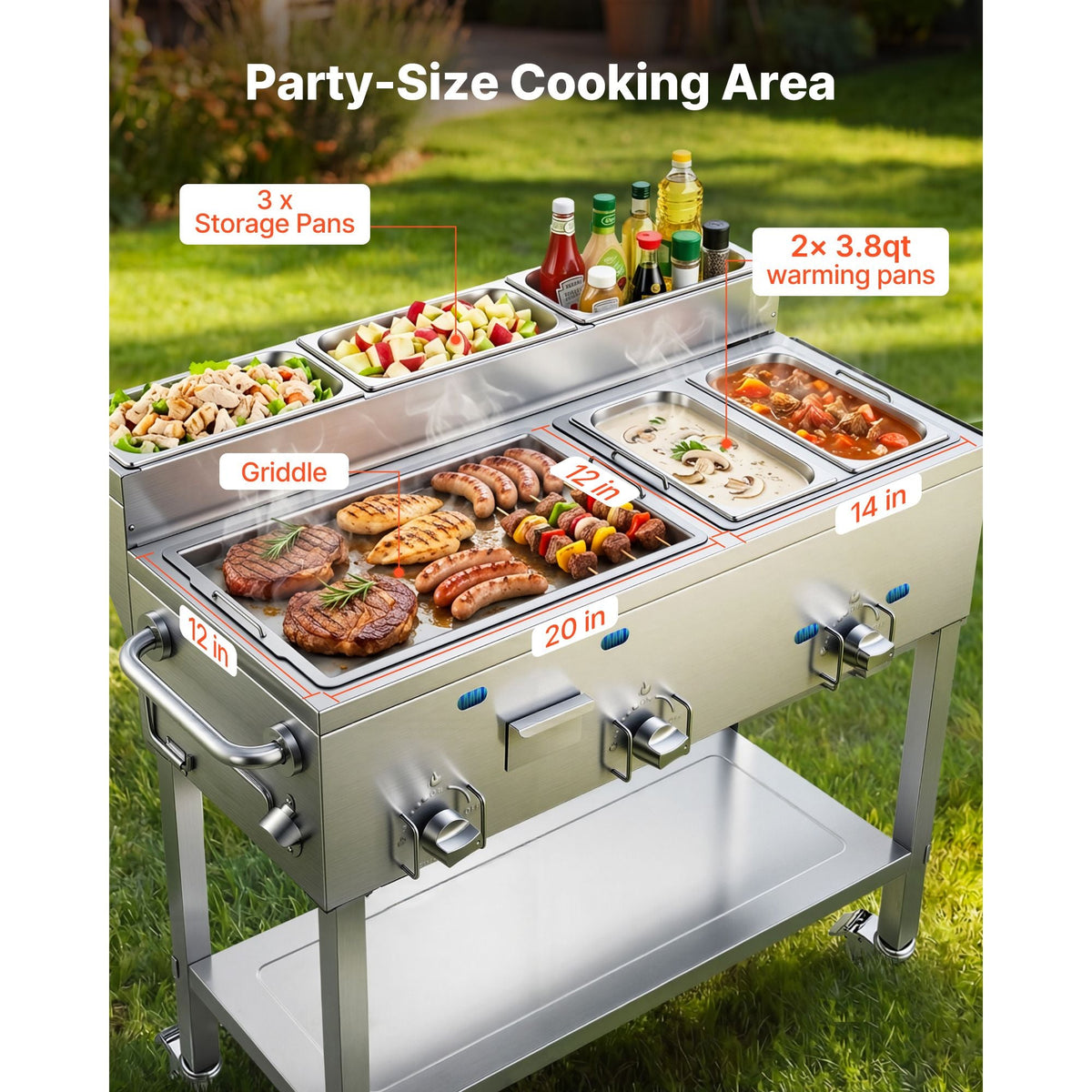 Outdoor Propane Griddle, 3 Burners (11,600 BTU Each), Commercial Stainless Steel Griddle with Two 1/3 Size Food Warming Pans, Portable Cart with 4 Lockable Wheels, for Hot Dogs, Burgers & Meats