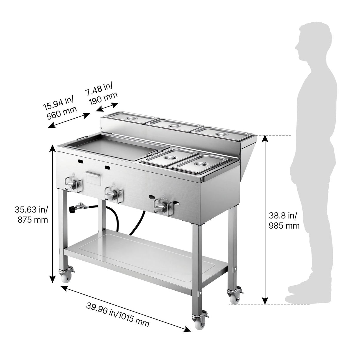 Outdoor Propane Griddle, 3 Burners (11,600 BTU Each), Commercial Stainless Steel Griddle with Two 1/3 Size Food Warming Pans, Portable Cart with 4 Lockable Wheels, for Hot Dogs, Burgers & Meats