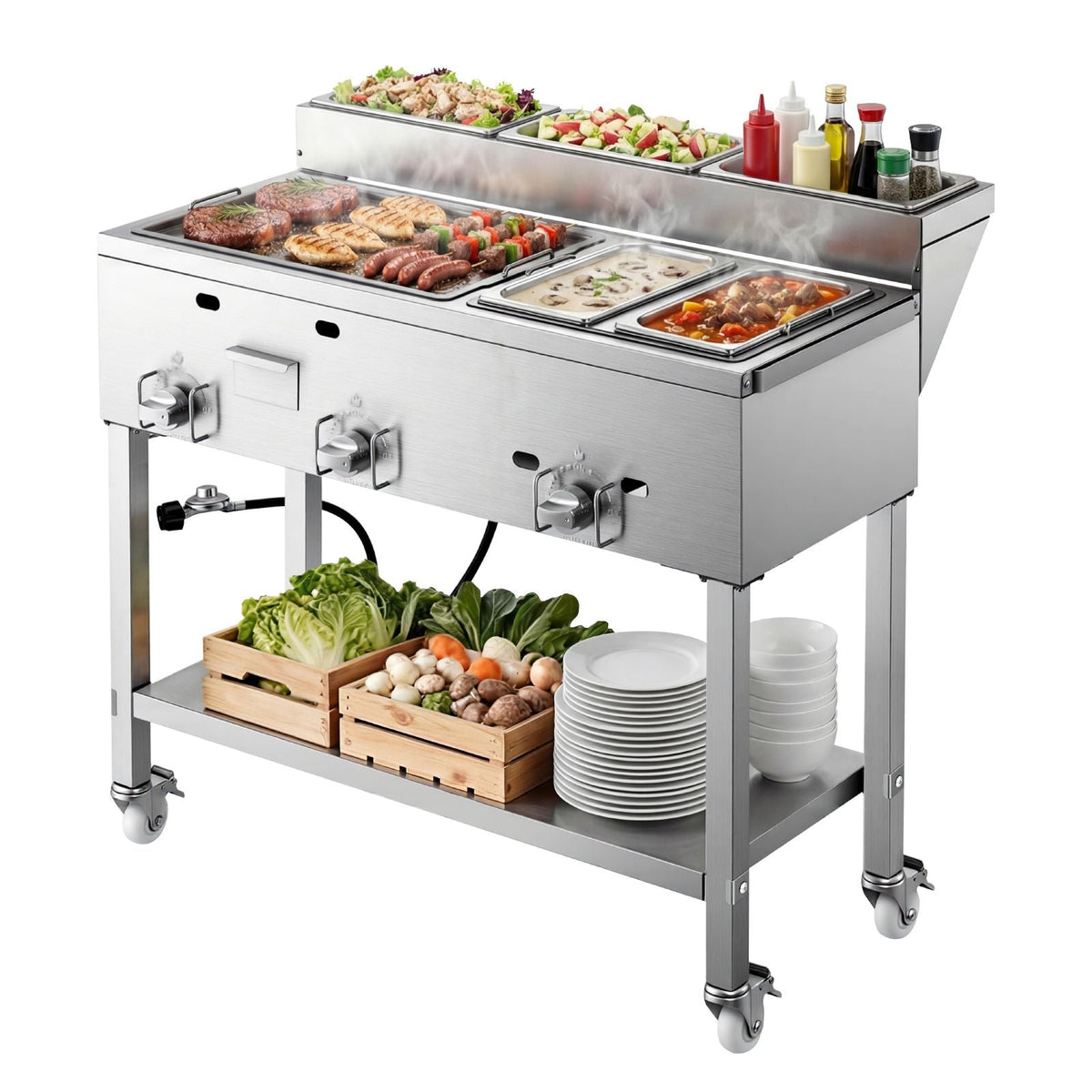 Outdoor Propane Griddle, 3 Burners (11,600 BTU Each), Commercial Stainless Steel Griddle with Two 1/3 Size Food Warming Pans, Portable Cart with 4 Lockable Wheels, for Hot Dogs, Burgers & Meats