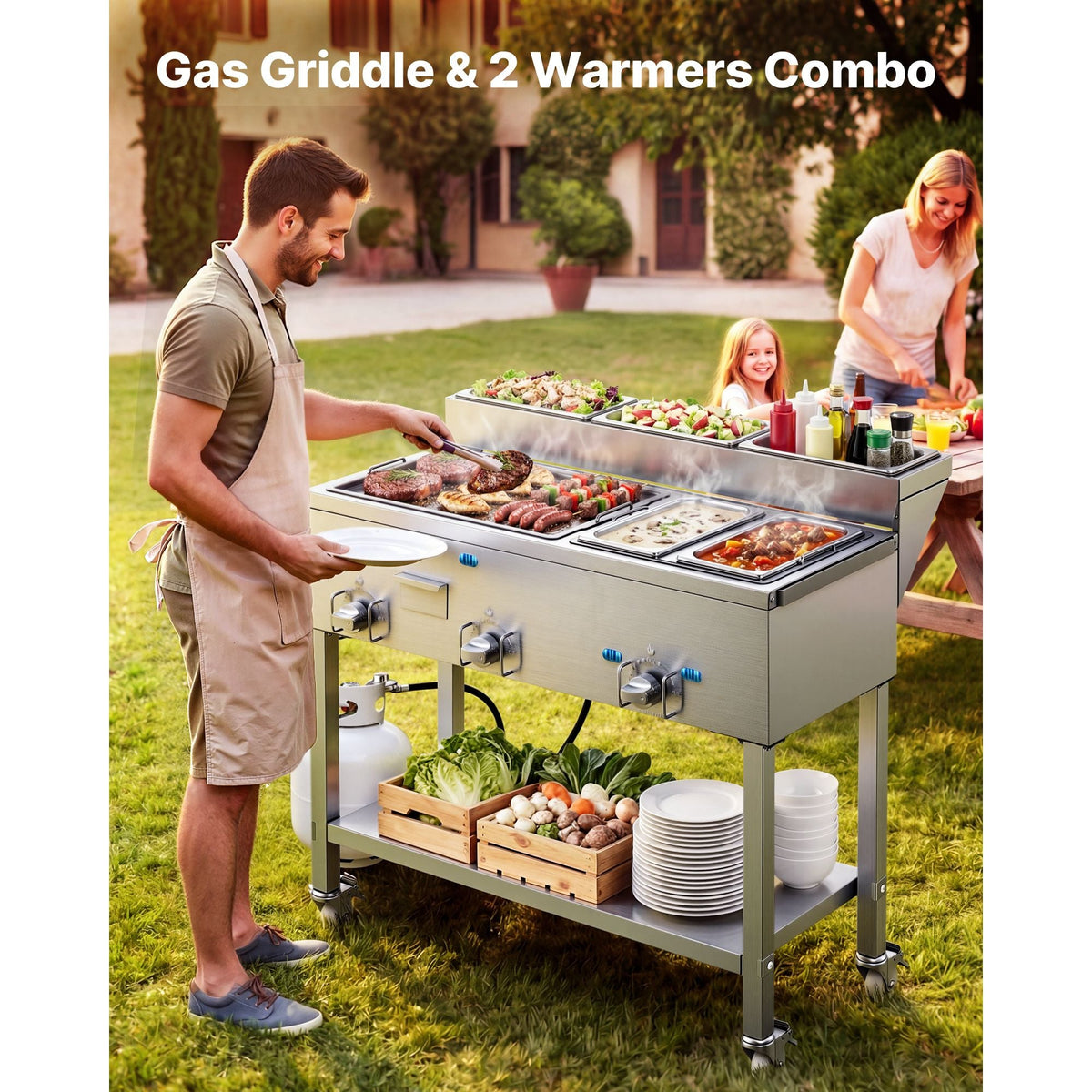 Outdoor Propane Griddle, 3 Burners (11,600 BTU Each), Commercial Stainless Steel Griddle with Two 1/3 Size Food Warming Pans, Portable Cart with 4 Lockable Wheels, for Hot Dogs, Burgers & Meats