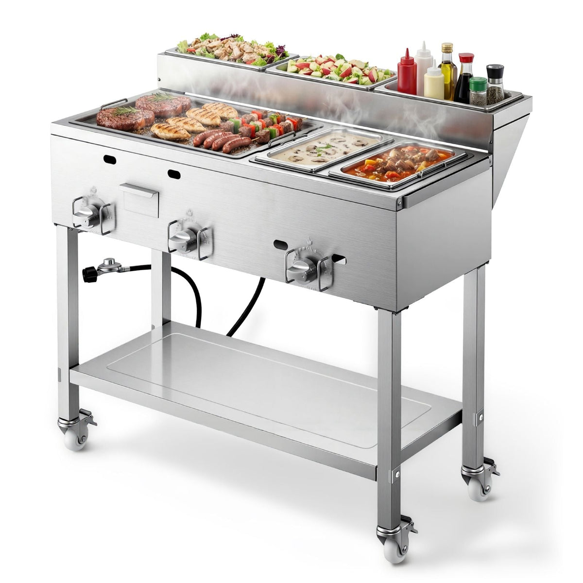 Outdoor Propane Griddle, 3 Burners (11,600 BTU Each), Commercial Stainless Steel Griddle with Two 1/3 Size Food Warming Pans, Portable Cart with 4 Lockable Wheels, for Hot Dogs, Burgers & Meats