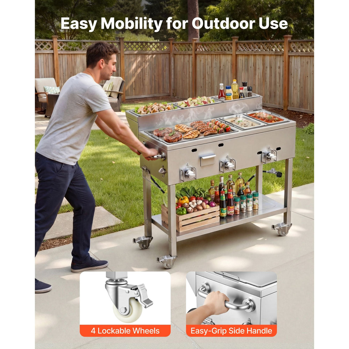 Outdoor Propane Griddle, 3 Burners (11,600 BTU Each), Commercial Stainless Steel Griddle with Two 1/3 Size Food Warming Pans, Portable Cart with 4 Lockable Wheels, for Hot Dogs, Burgers & Meats
