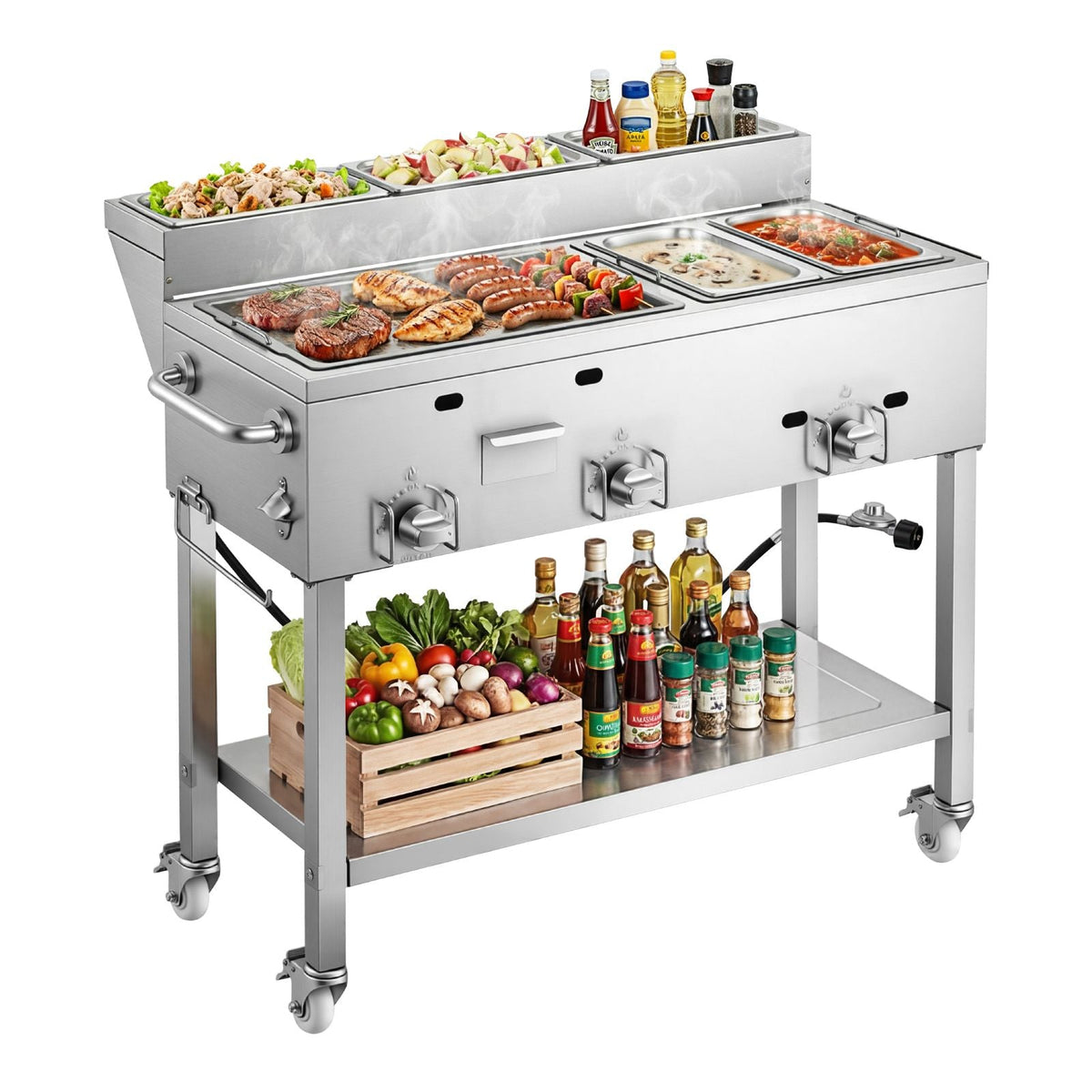 Outdoor Propane Griddle, 3 Burners (11,600 BTU Each), Commercial Stainless Steel Griddle with Two 1/3 Size Food Warming Pans, Portable Cart with 4 Lockable Wheels, for Hot Dogs, Burgers & Meats