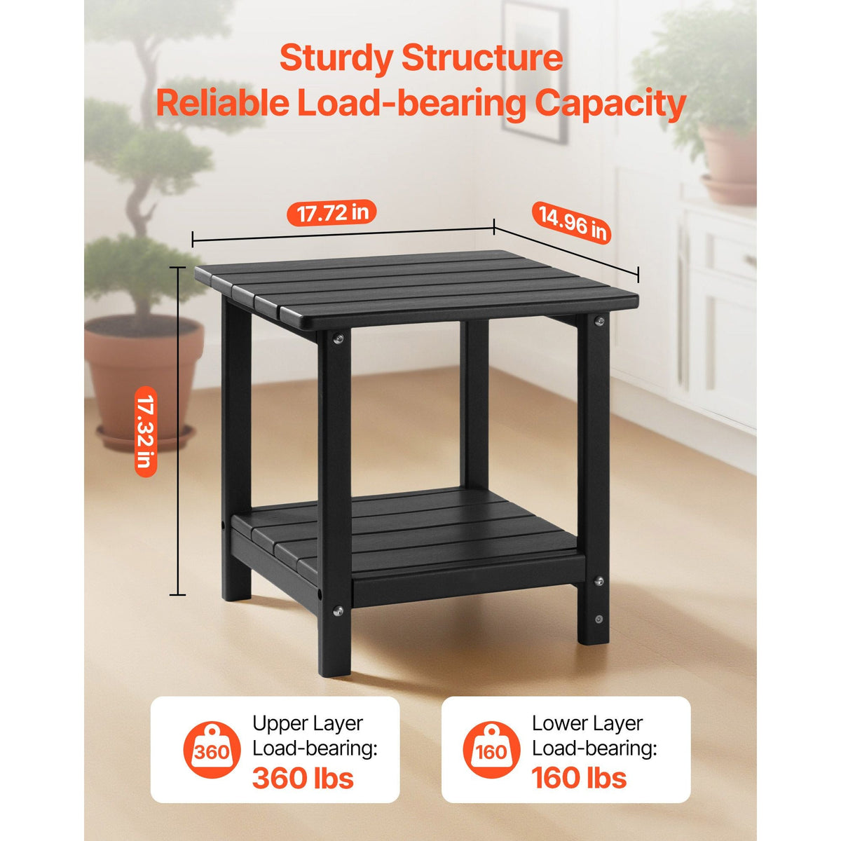 Outdoor Side Table, 17.72W x 14.96D x 17.32H Inch, Double Layer HDPE Outside End Table for Easy Maintenance, Withstand Harsh Weather, Fit for Patio, Pool, Beach, Porch, Indoor, Backyard, Black