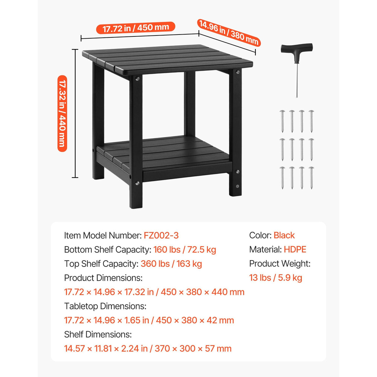 Outdoor Side Table, 17.72W x 14.96D x 17.32H Inch, Double Layer HDPE Outside End Table for Easy Maintenance, Withstand Harsh Weather, Fit for Patio, Pool, Beach, Porch, Indoor, Backyard, Black