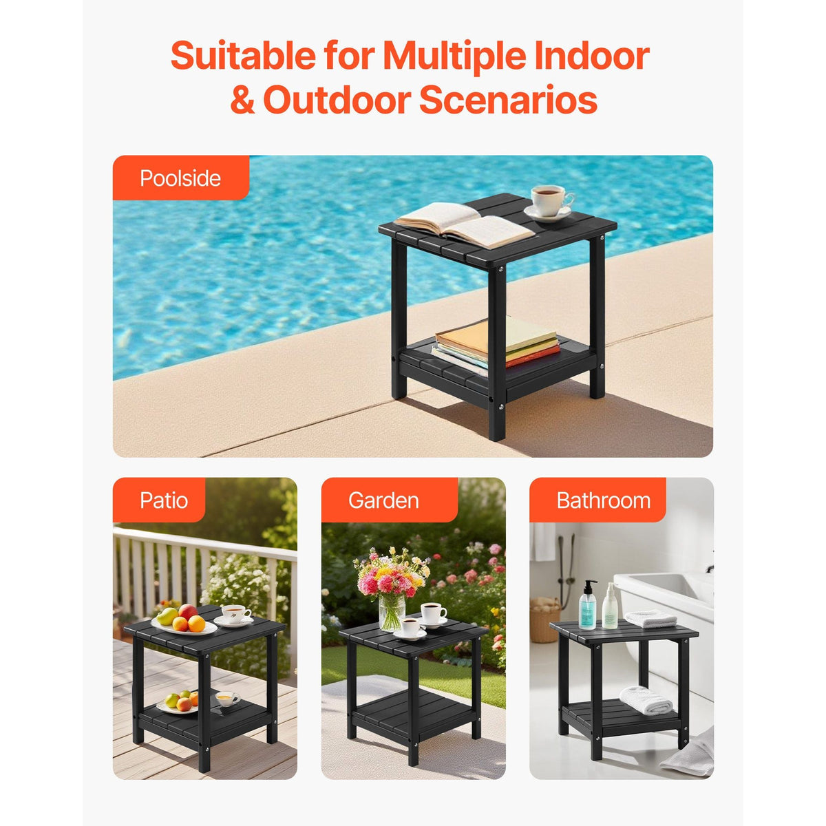 Outdoor Side Table, 17.72W x 14.96D x 17.32H Inch, Double Layer HDPE Outside End Table for Easy Maintenance, Withstand Harsh Weather, Fit for Patio, Pool, Beach, Porch, Indoor, Backyard, Black