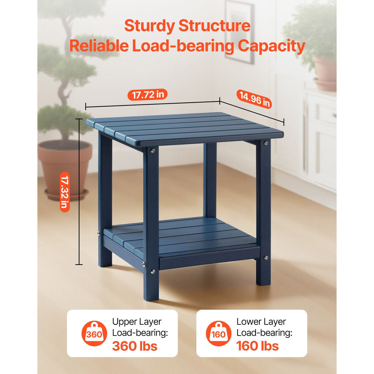 Outdoor Side Table, 17.72W x 14.96D x 17.32H Inch, Double Layer HDPE Outside End Table for Easy Maintenance, Withstand Harsh Weather, Fit for Patio, Pool, Beach, Porch, Indoor, Backyard, Blue