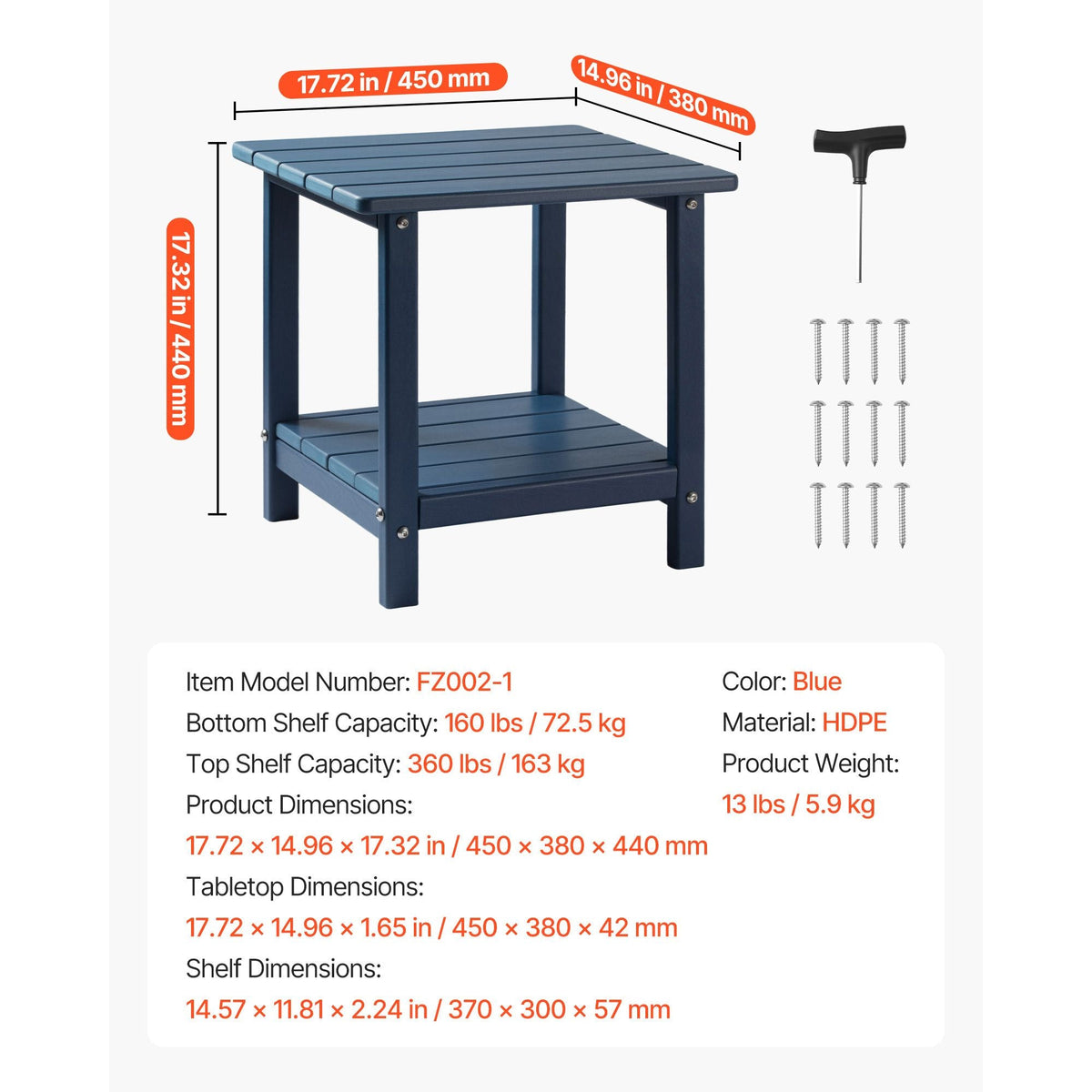 Outdoor Side Table, 17.72W x 14.96D x 17.32H Inch, Double Layer HDPE Outside End Table for Easy Maintenance, Withstand Harsh Weather, Fit for Patio, Pool, Beach, Porch, Indoor, Backyard, Blue