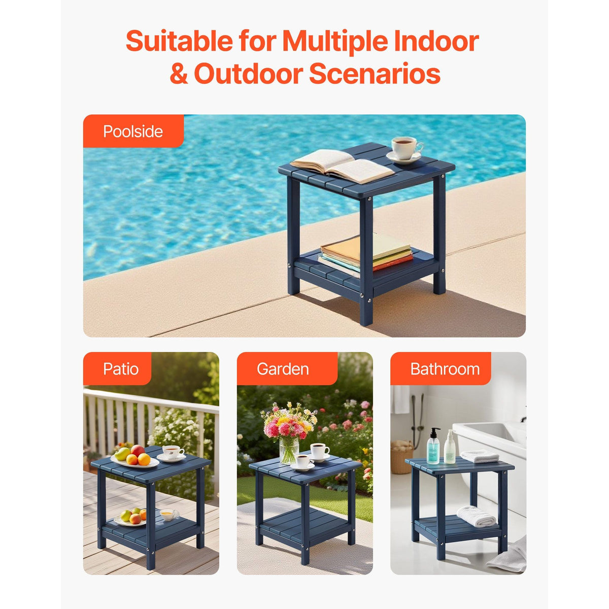 Outdoor Side Table, 17.72W x 14.96D x 17.32H Inch, Double Layer HDPE Outside End Table for Easy Maintenance, Withstand Harsh Weather, Fit for Patio, Pool, Beach, Porch, Indoor, Backyard, Blue