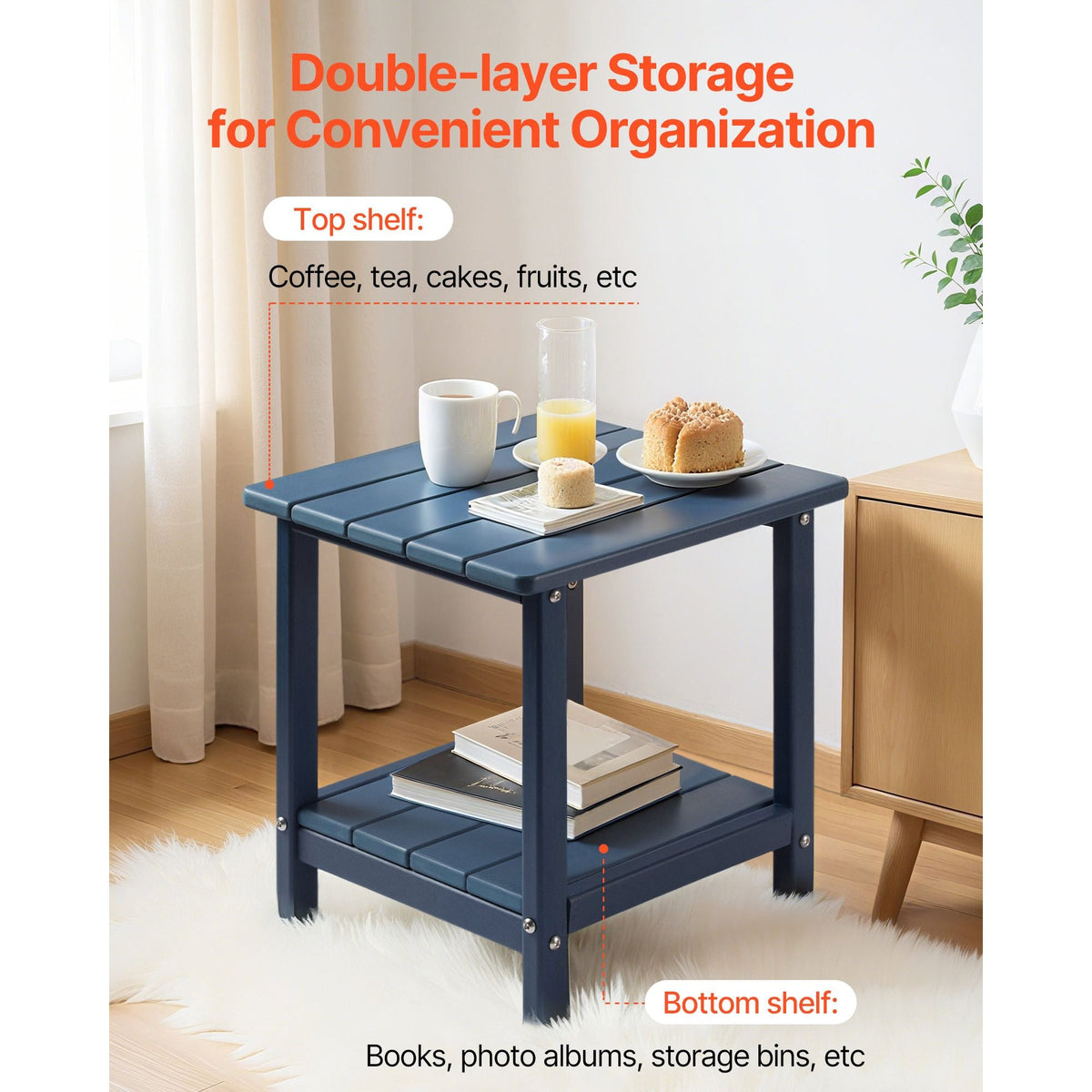 Outdoor Side Table, 17.72W x 14.96D x 17.32H Inch, Double Layer HDPE Outside End Table for Easy Maintenance, Withstand Harsh Weather, Fit for Patio, Pool, Beach, Porch, Indoor, Backyard, Blue