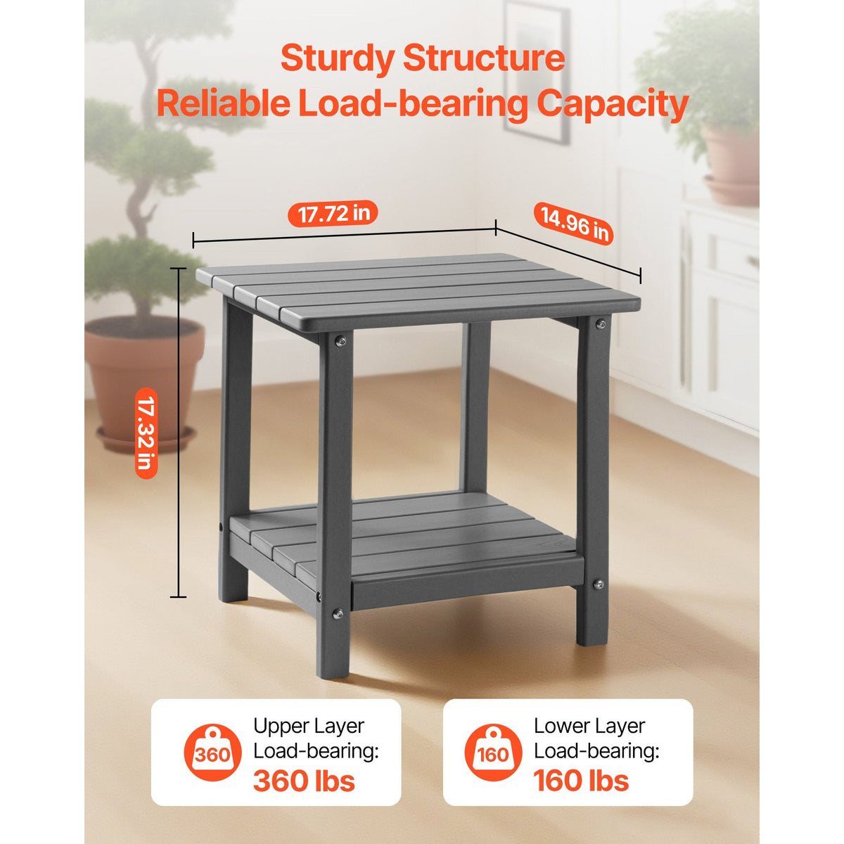 Outdoor Side Table, 17.72W x 14.96D x 17.32H Inch, Double Layer HDPE Outside End Table for Easy Maintenance, Withstand Harsh Weather, Fit for Patio, Pool, Beach, Porch, Indoor, Backyard, Grey