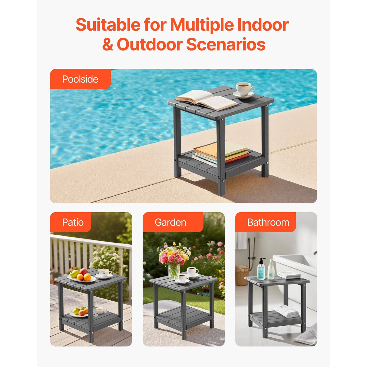 Outdoor Side Table, 17.72W x 14.96D x 17.32H Inch, Double Layer HDPE Outside End Table for Easy Maintenance, Withstand Harsh Weather, Fit for Patio, Pool, Beach, Porch, Indoor, Backyard, Grey