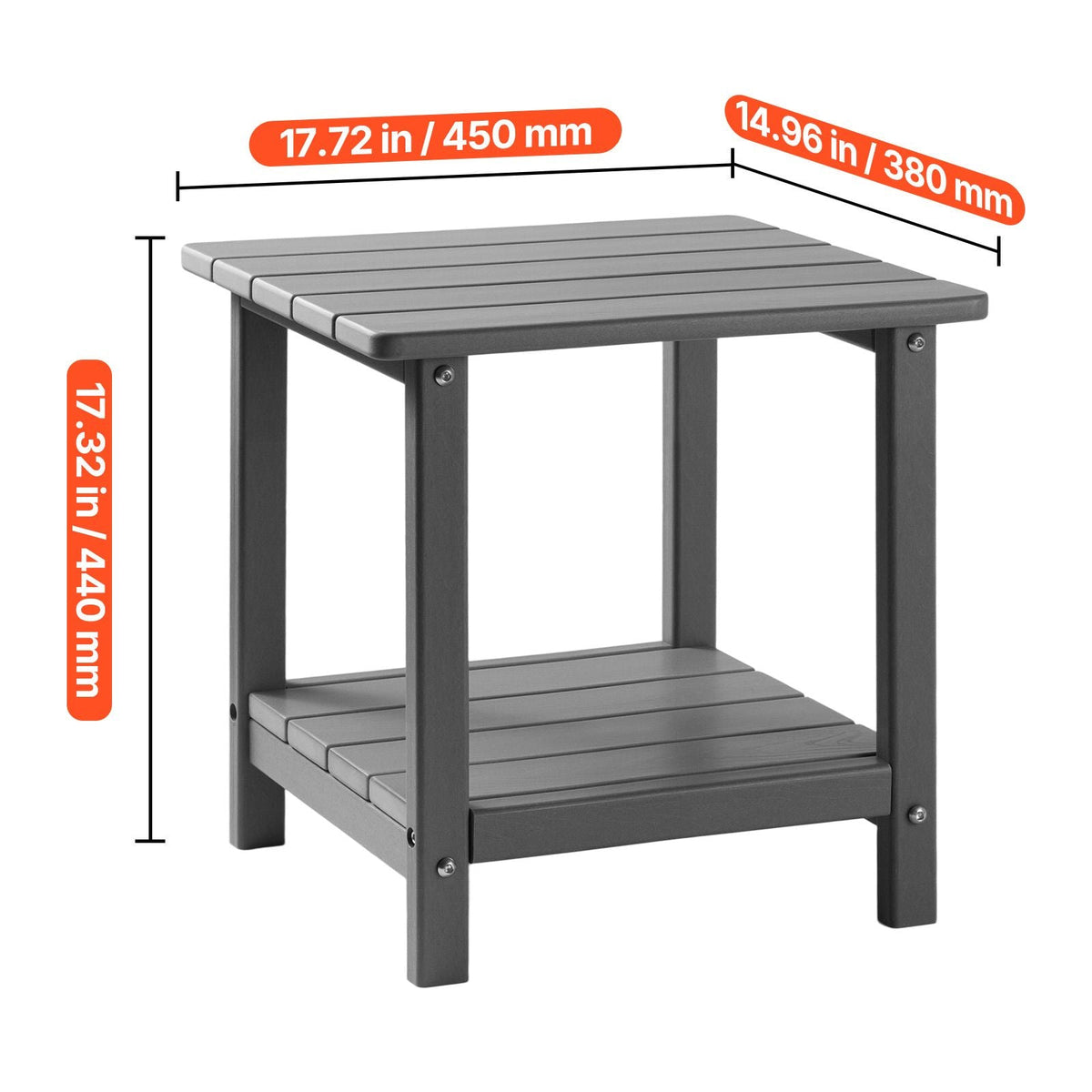Outdoor Side Table, 17.72W x 14.96D x 17.32H Inch, Double Layer HDPE Outside End Table for Easy Maintenance, Withstand Harsh Weather, Fit for Patio, Pool, Beach, Porch, Indoor, Backyard, Grey