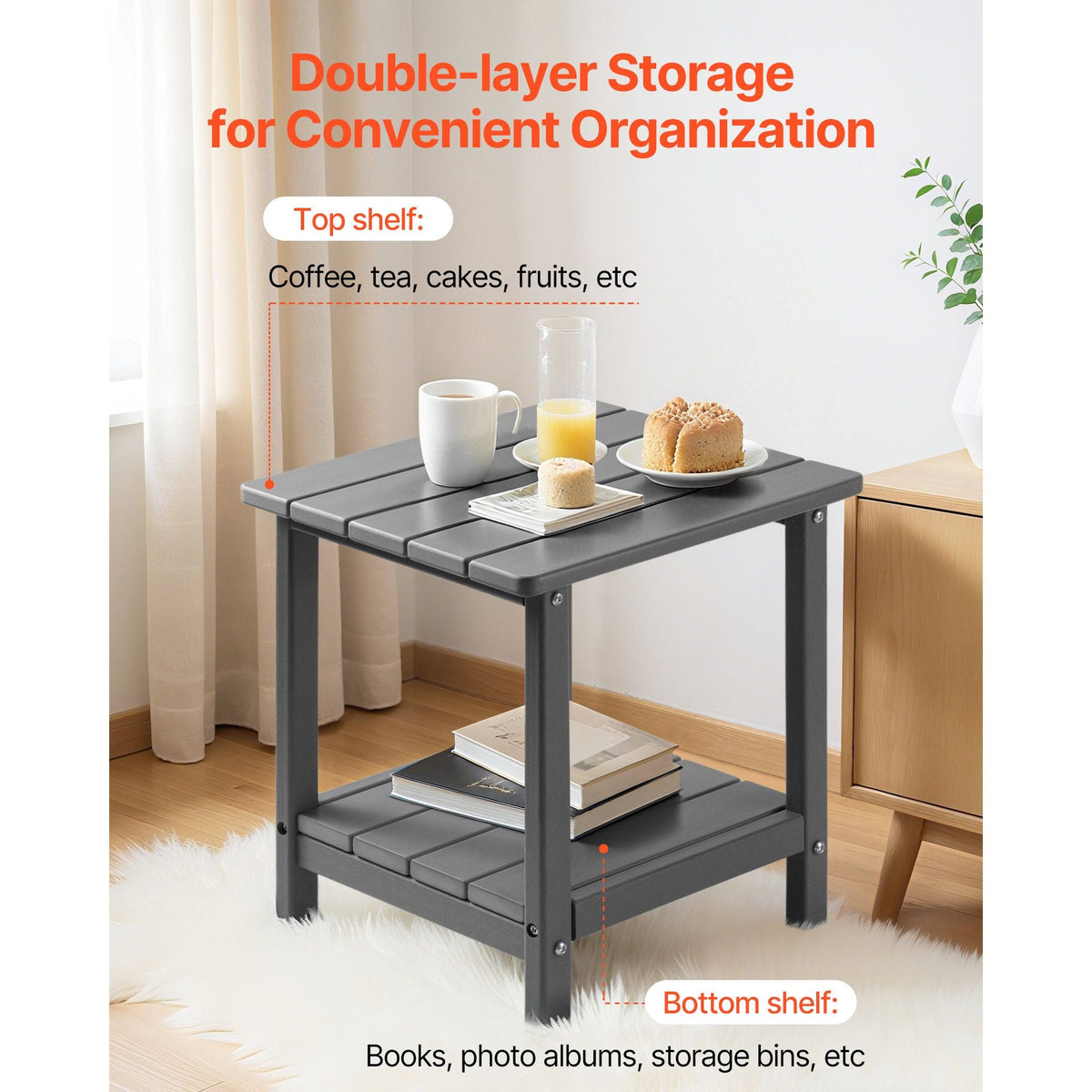 Outdoor Side Table, 17.72W x 14.96D x 17.32H Inch, Double Layer HDPE Outside End Table for Easy Maintenance, Withstand Harsh Weather, Fit for Patio, Pool, Beach, Porch, Indoor, Backyard, Grey