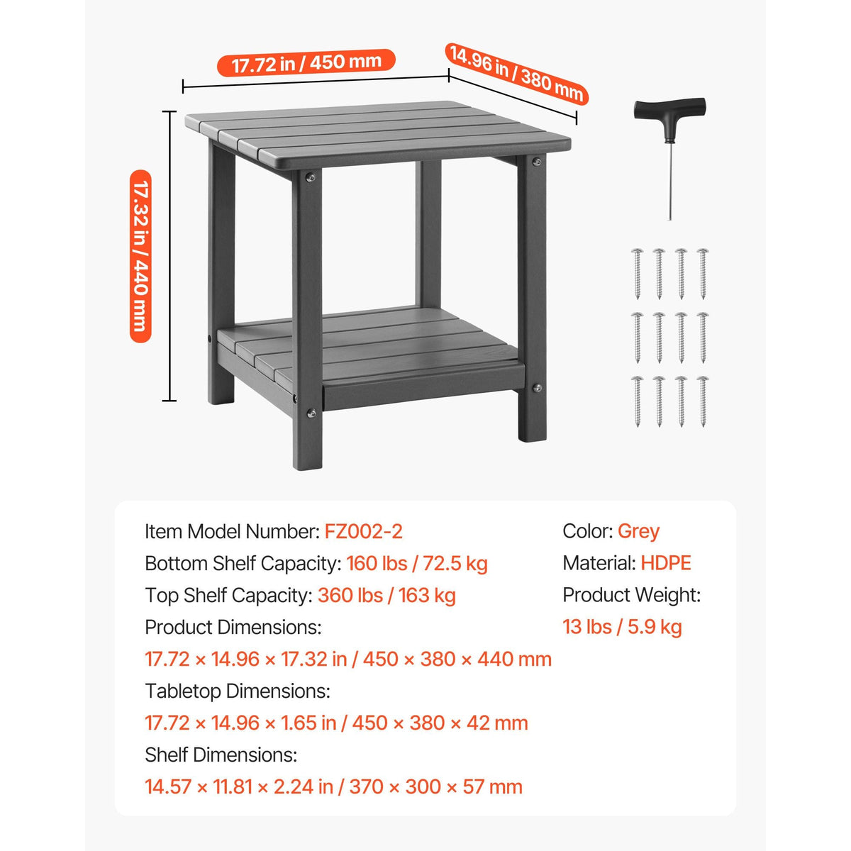 Outdoor Side Table, 17.72W x 14.96D x 17.32H Inch, Double Layer HDPE Outside End Table for Easy Maintenance, Withstand Harsh Weather, Fit for Patio, Pool, Beach, Porch, Indoor, Backyard, Grey