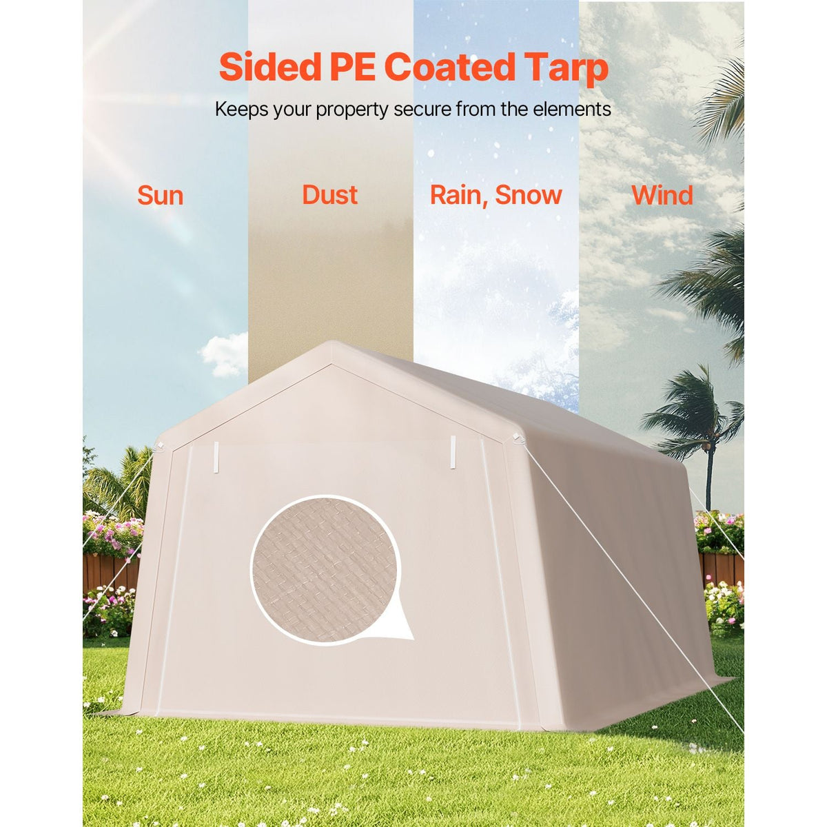Outdoor Storage Shed, 10 x 15 ft Portable Storage Tent with Roll-up Door, Waterproof Canopy Shed Shelter, Heavy Duty Frame, Patio Garage Carport for Motorcycle, Lawn Mower, Bike, Beige