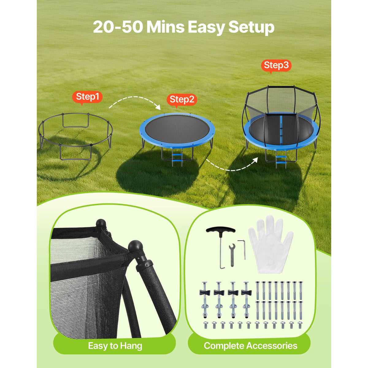 Outdoor Trampoline, 10FT Recreational Trampoline, ASTM Approved Trampolines with Enclosure Net & Thickened Pad, Max 265 lbs Weight Capacity, Anti-Rust Backyard Trampolines for Kids & Adults