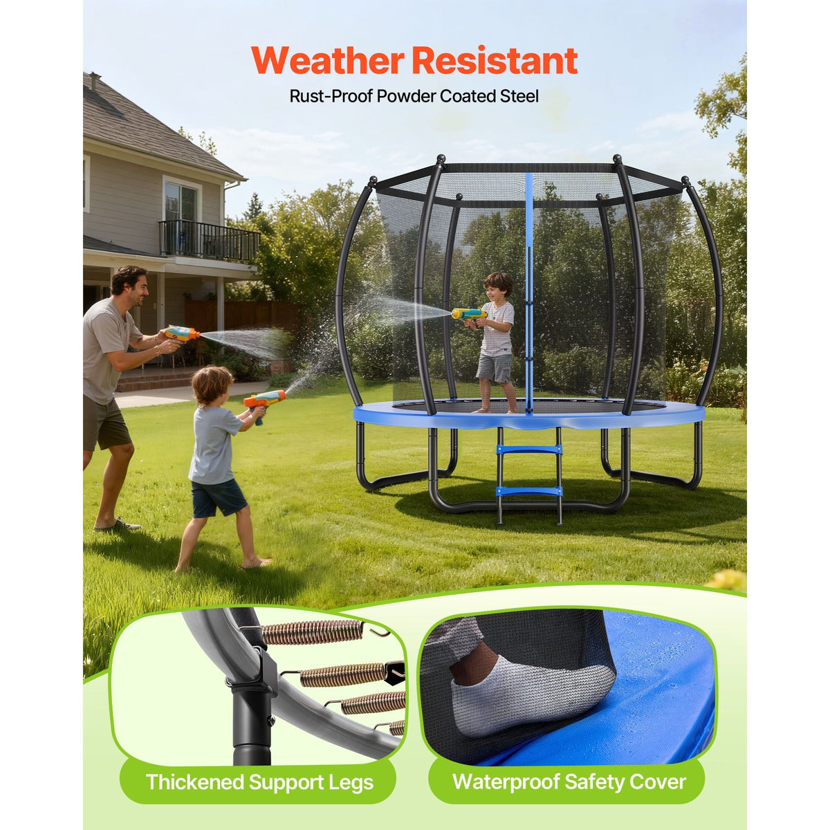 Outdoor Trampoline, 10FT Recreational Trampoline, ASTM Approved Trampolines with Enclosure Net & Thickened Pad, Max 265 lbs Weight Capacity, Anti-Rust Backyard Trampolines for Kids & Adults