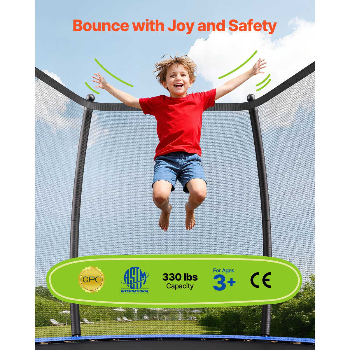 Outdoor Trampoline, 10FT Recreational Trampoline, ASTM Approved Trampolines with Enclosure Net & Thickened Pad, Max 265 lbs Weight Capacity, Anti-Rust Backyard Trampolines for Kids & Adults