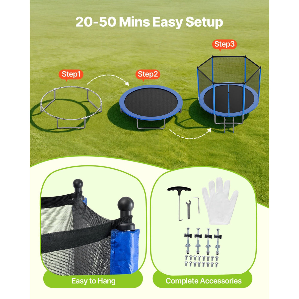 Outdoor Trampoline, 10FT Round Recreational Trampoline with Enclosure Net, ASTM Approved, Heavy Duty Trampolines, Max 330 lbs Weight Capacity, Anti-Rust Backyard Trampolines for Kids & Adults
