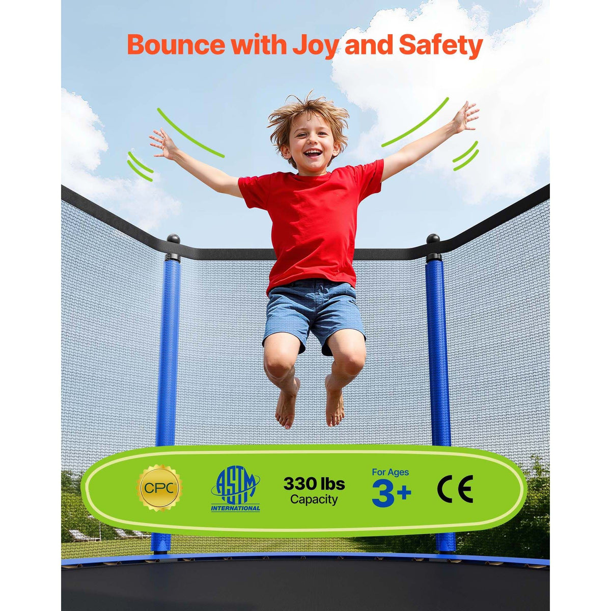 Outdoor Trampoline, 10FT Round Recreational Trampoline with Enclosure Net, ASTM Approved, Heavy Duty Trampolines, Max 330 lbs Weight Capacity, Anti-Rust Backyard Trampolines for Kids & Adults