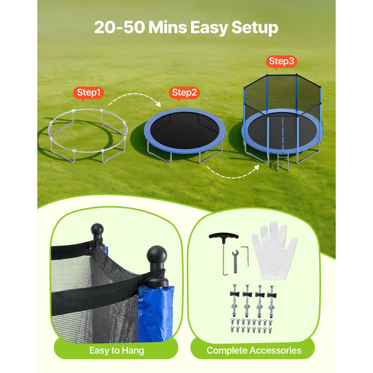 Outdoor Trampoline, 12FT Round Recreational Trampoline with Enclosure Net, ASTM Approved, Heavy Duty Trampolines, Max 400 lbs Weight Capacity, Anti-Rust Backyard Trampolines for Kids & Adults