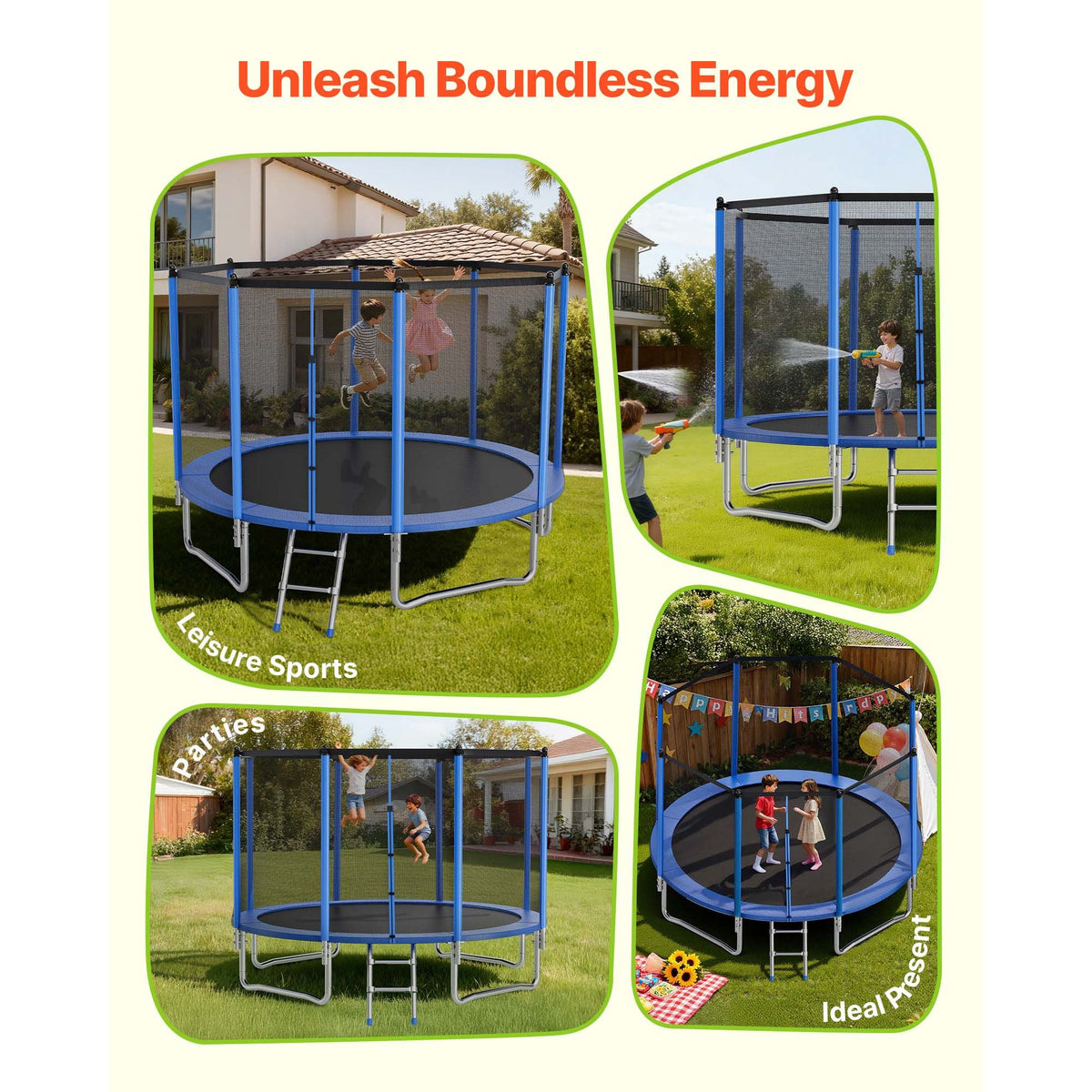 Outdoor Trampoline, 14FT Round Recreational Trampoline with Enclosure Net, ASTM Approved, Heavy Duty Trampolines, Max 450 lbs Weight Capacity, Anti-Rust Backyard Trampolines for Kids & Adults