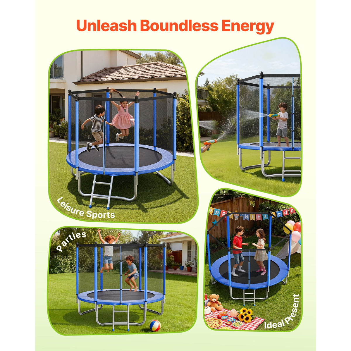 Outdoor Trampoline, 8FT Round Recreational Trampoline with Enclosure Net, ASTM Approved, Heavy Duty Trampolines, Max 265 lbs Weight Capacity, Anti-Rust Backyard Trampolines for Kids & Adults