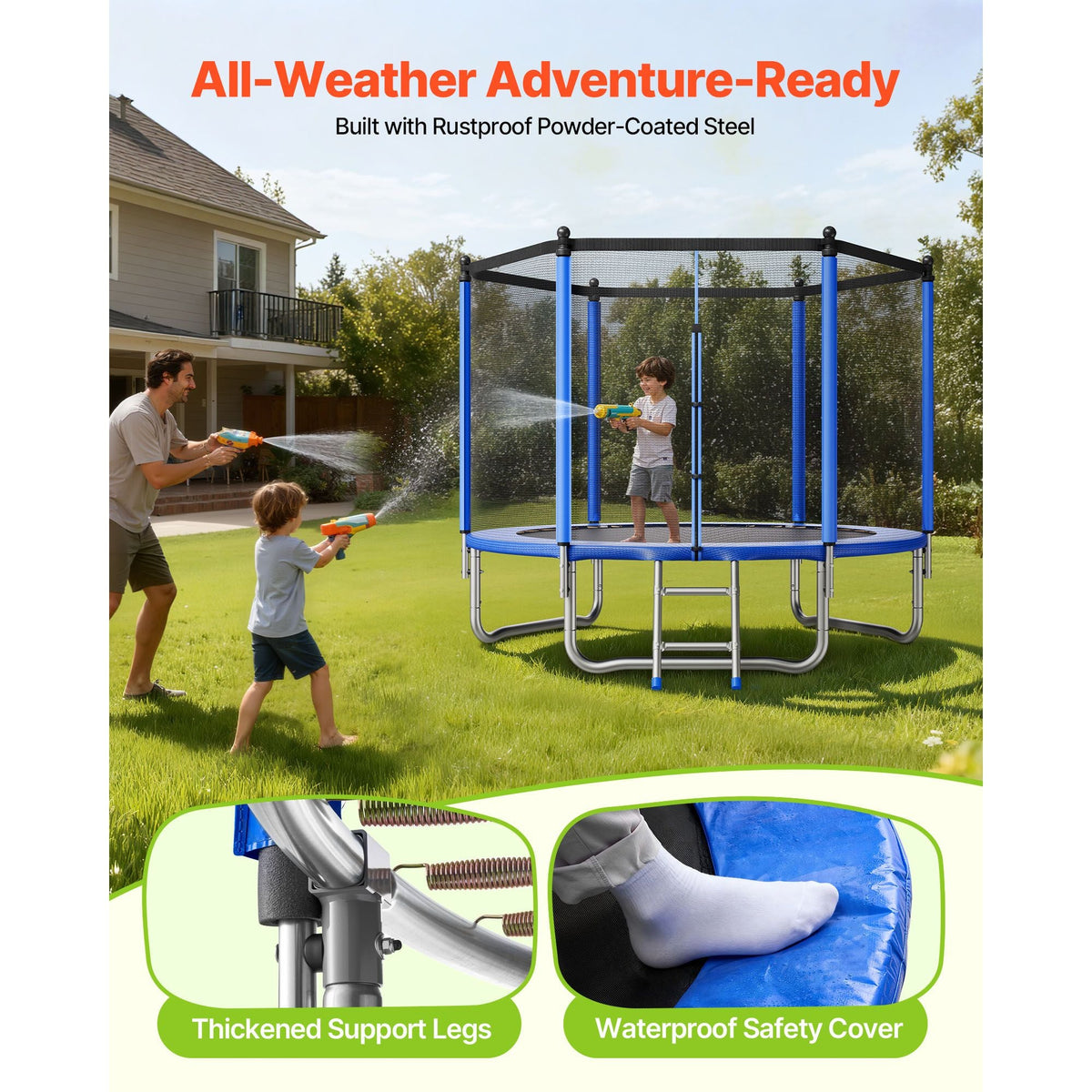 Outdoor Trampoline, 8FT Round Recreational Trampoline with Enclosure Net, ASTM Approved, Heavy Duty Trampolines, Max 265 lbs Weight Capacity, Anti-Rust Backyard Trampolines for Kids & Adults