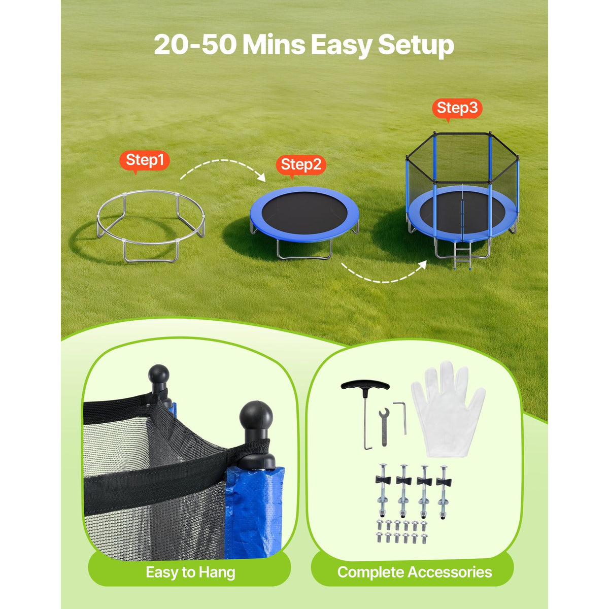 Outdoor Trampoline, 8FT Round Recreational Trampoline with Enclosure Net, ASTM Approved, Heavy Duty Trampolines, Max 265 lbs Weight Capacity, Anti-Rust Backyard Trampolines for Kids & Adults